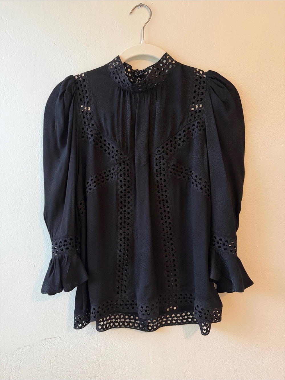 The Kooples Black Eyelet Lace High-Neck Puff Sleeve Blouse